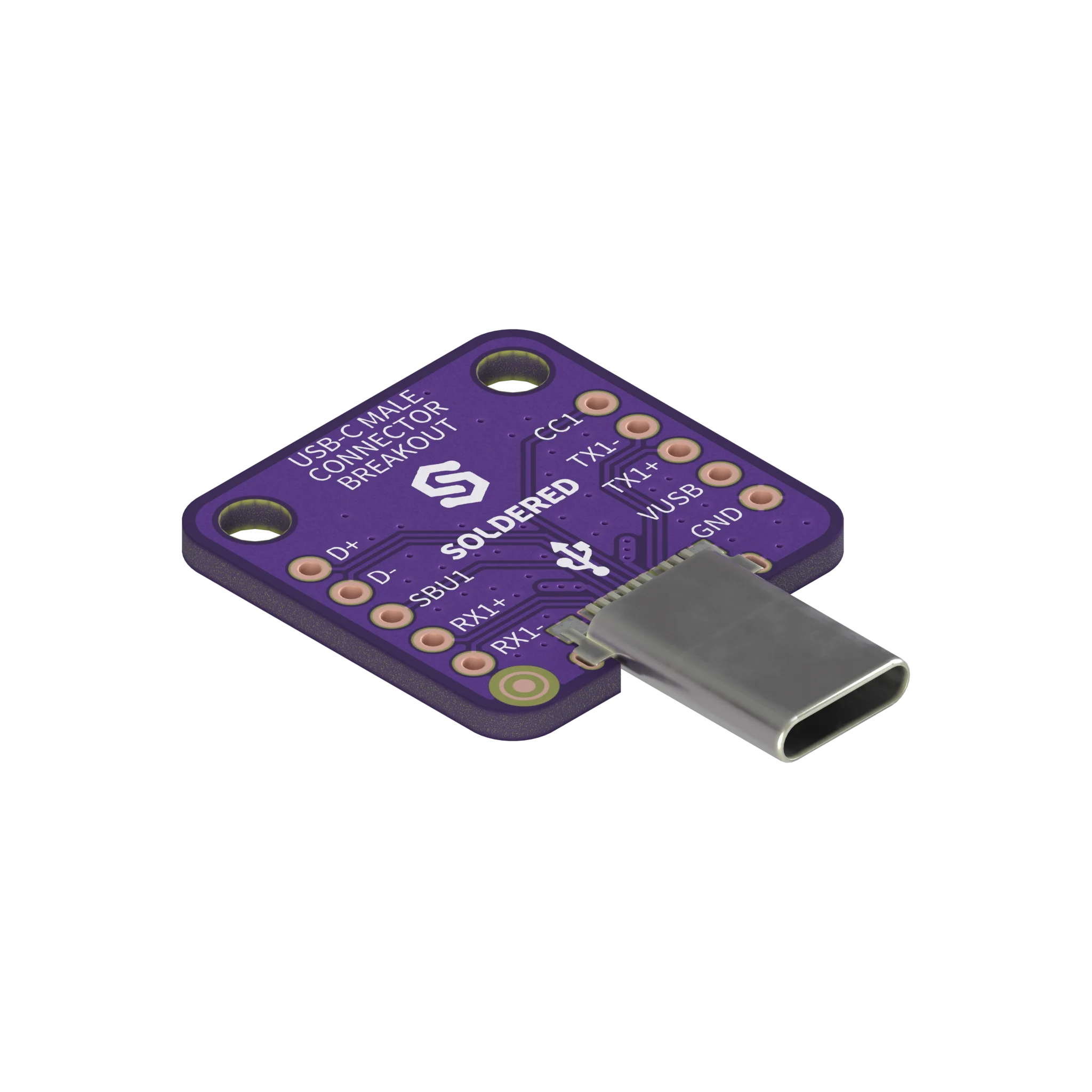 The USB-C male connector breakout at an angle: a purple board with the USB-C plug sticking out of one edge, a row of five pin holes along each side and a mounting hole in each of the two far corners