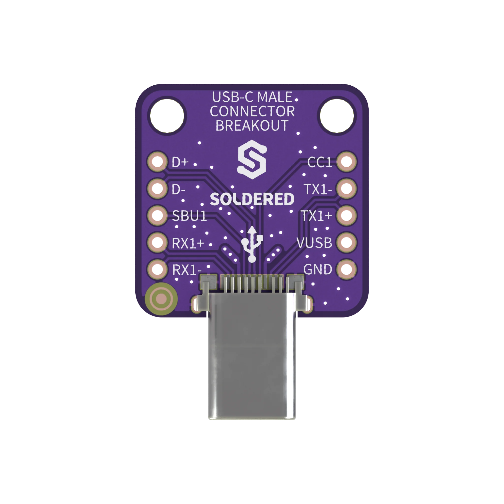 The USB-C male connector breakout from above, with the plug pointing down: the left pins are marked D+, D-, SBU1, RX1+ and RX1-, the right pins CC1, TX1-, TX1+, VUSB and GND, with a mounting hole in each top corner