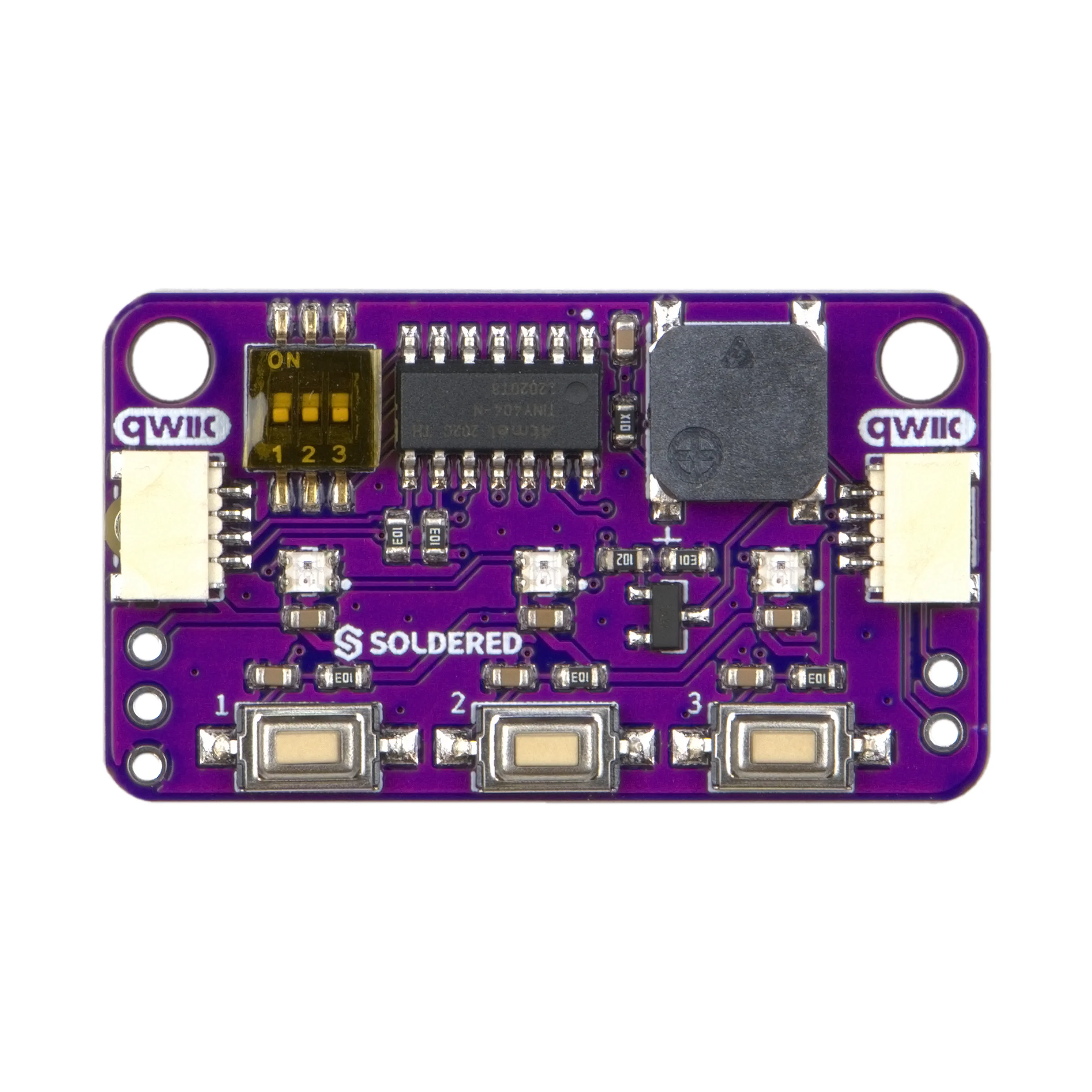 Top view of the Button, LED & Buzzer Board with Qwiic: a Qwiic connector on the left and right edges, the address switch and the buzzer along the top and three pushbuttons along the bottom edge
