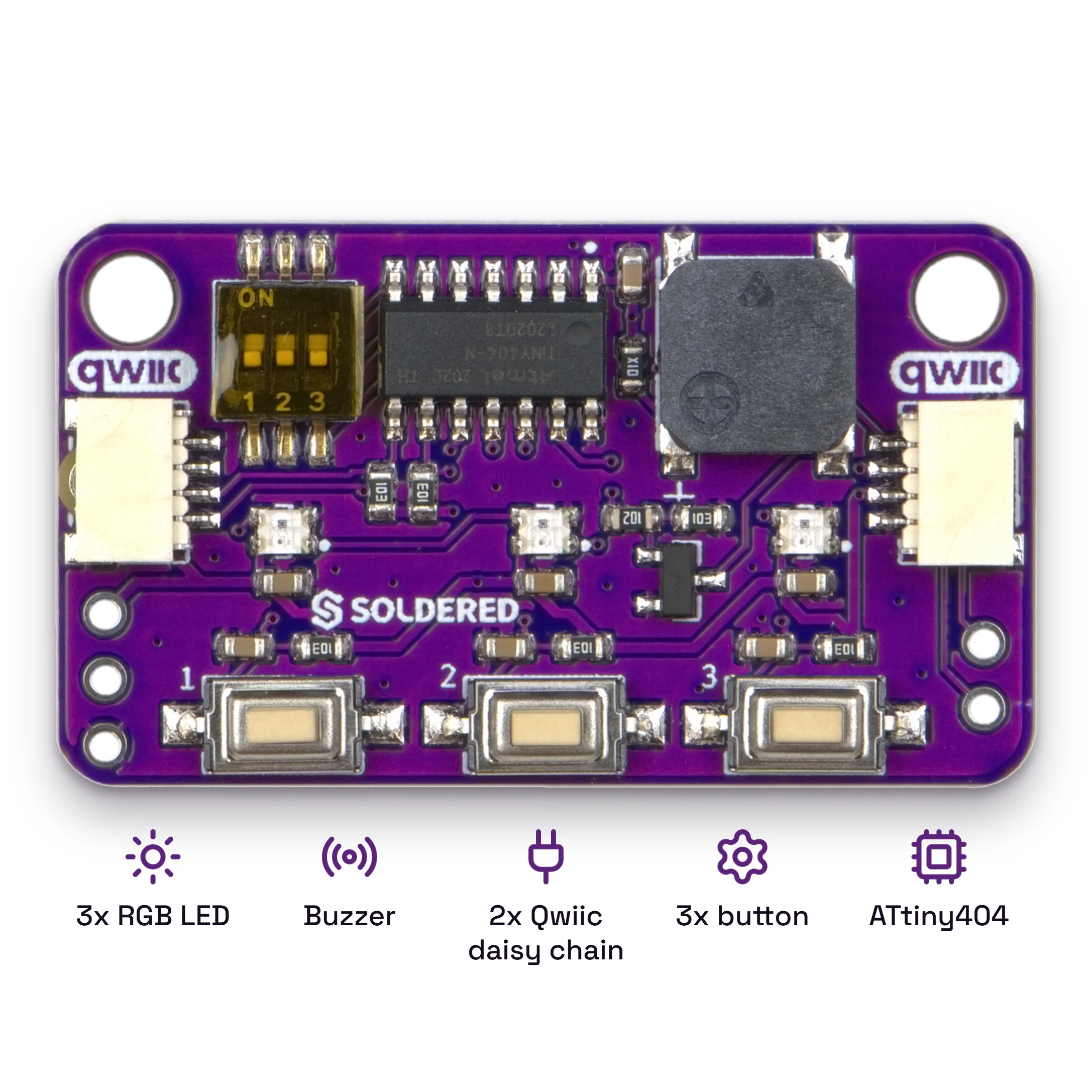 The Button, LED & Buzzer Board with Qwiic from above, with icons and short captions underneath