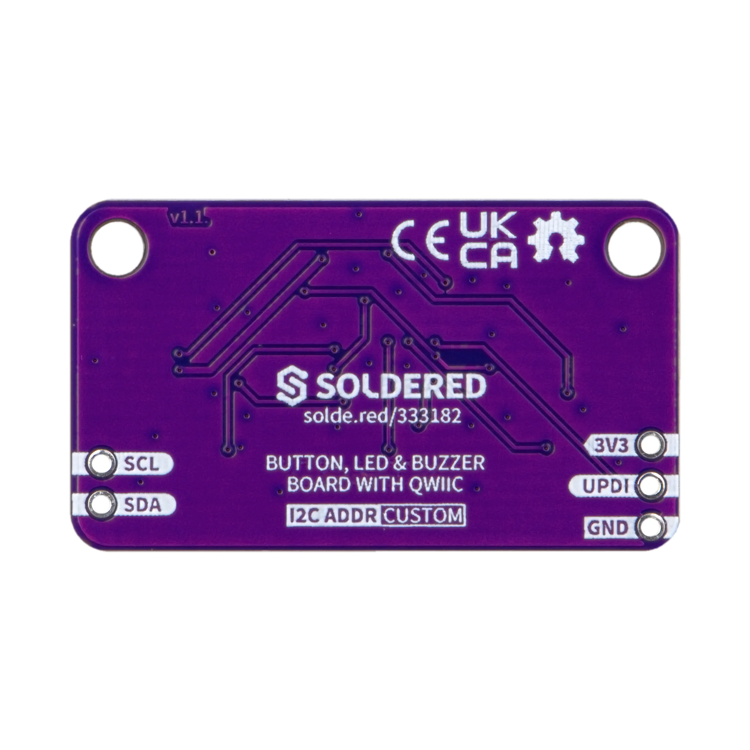 Underside of the Button, LED & Buzzer Board with Qwiic, with printed text on the purple board