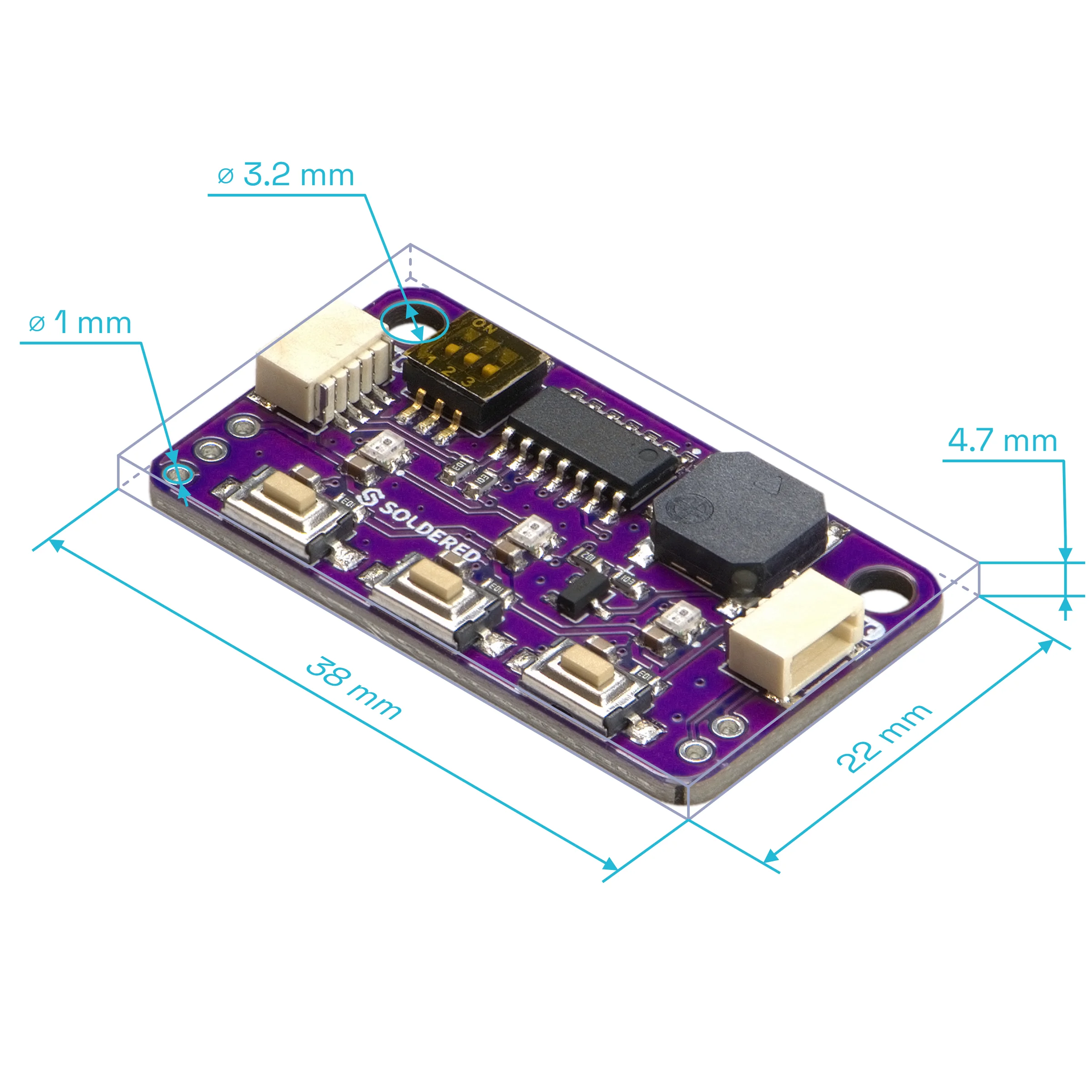 The Button, LED & Buzzer Board with Qwiic at an angle with its dimensions marked: 38 mm long, 22 mm wide, 3.2 mm mounting holes and 1 mm header holes