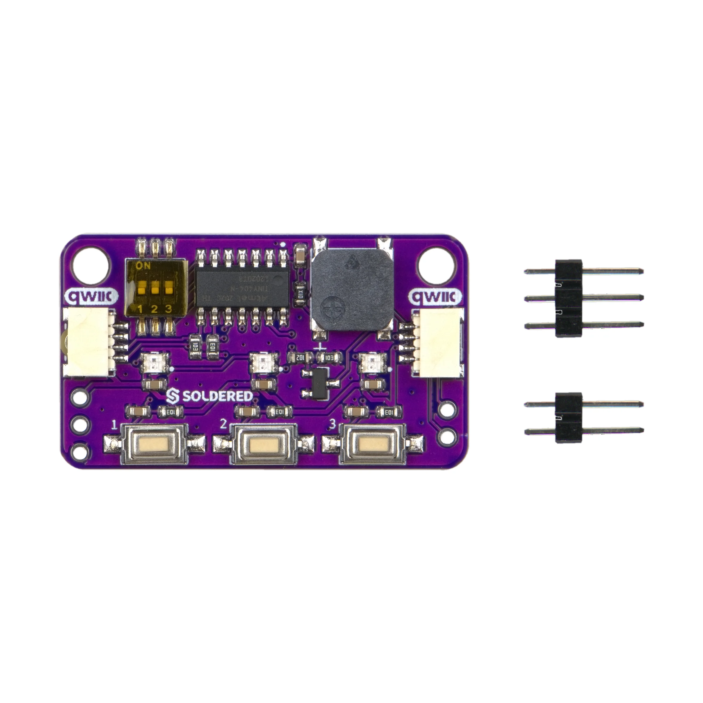 Top view of the Button, LED & Buzzer Board with Qwiic next to the two unsoldered header strips that come with it