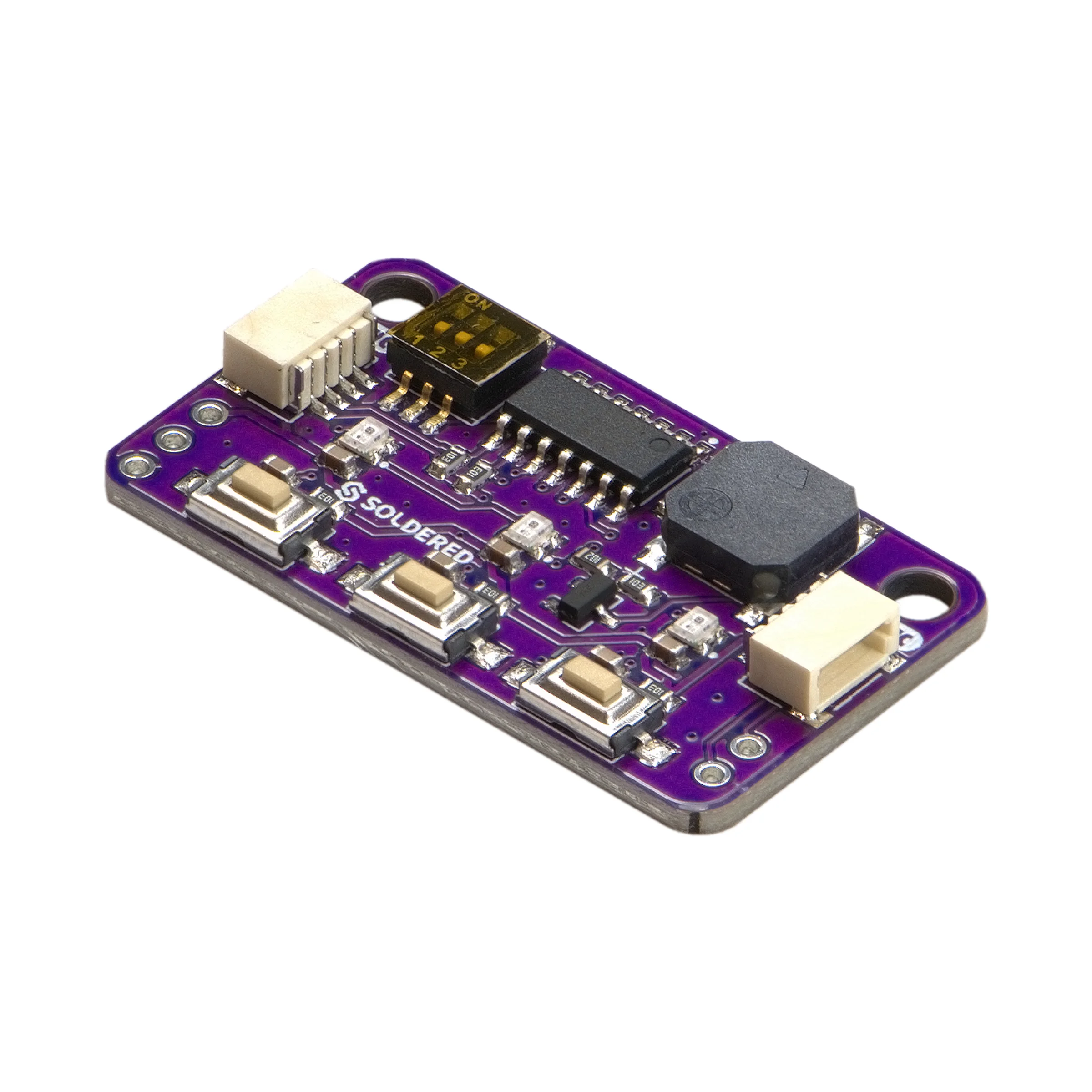 Button, LED & Buzzer Board with Qwiic seen at an angle: a purple board with an address switch, the ATtiny404, a buzzer, two Qwiic connectors, three RGB LEDs and three pushbuttons
