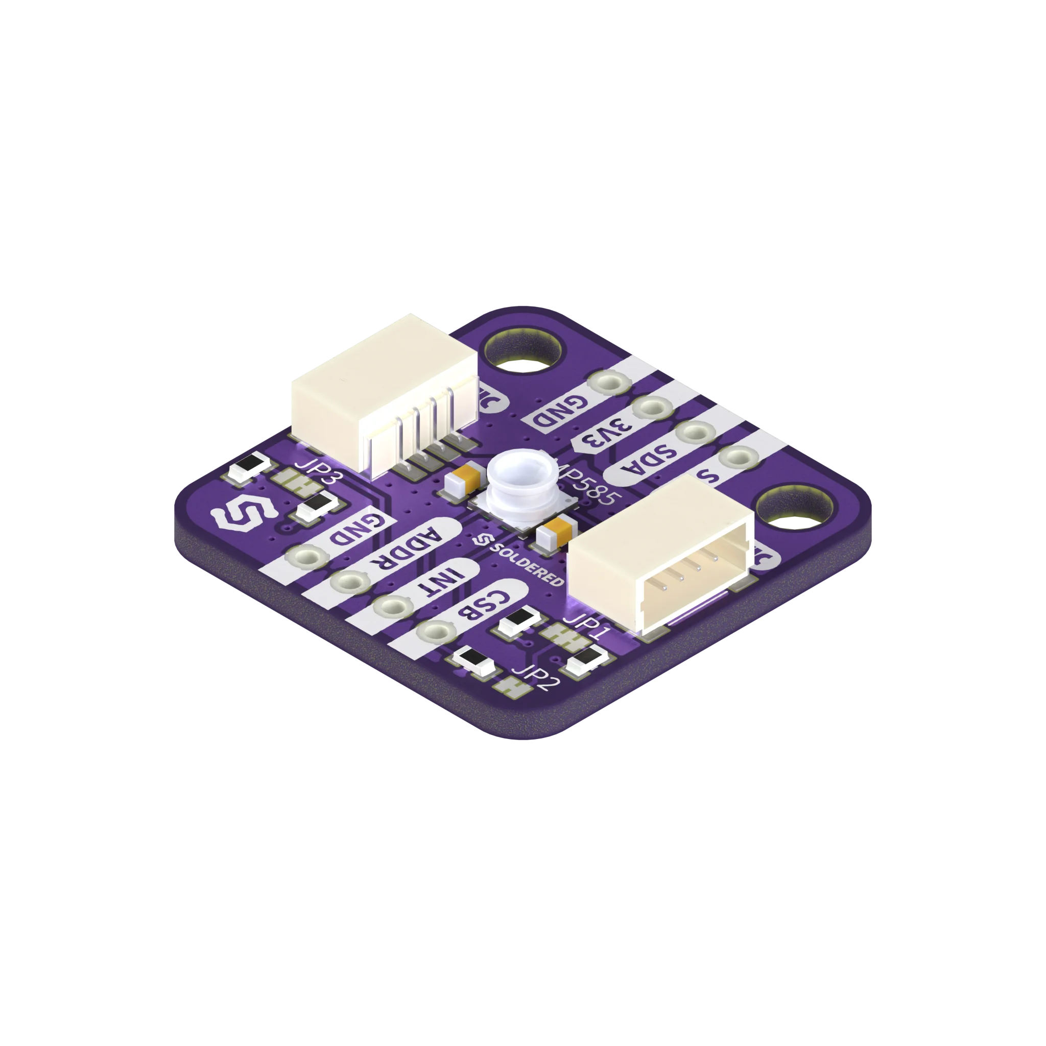 Purple Soldered Pressure & Temperature Sensor BMP585 breakout at an angle, with a white Qwiic connector on two edges, the BMP585 in the middle and pin labels along two 4-pin header rows