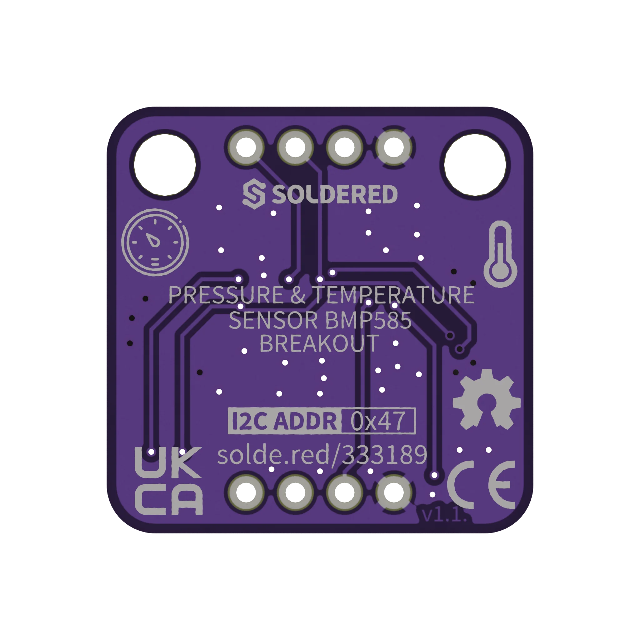 Underside of the breakout, printed with the product name, I2C ADDR 0x47 and solde.red/333189