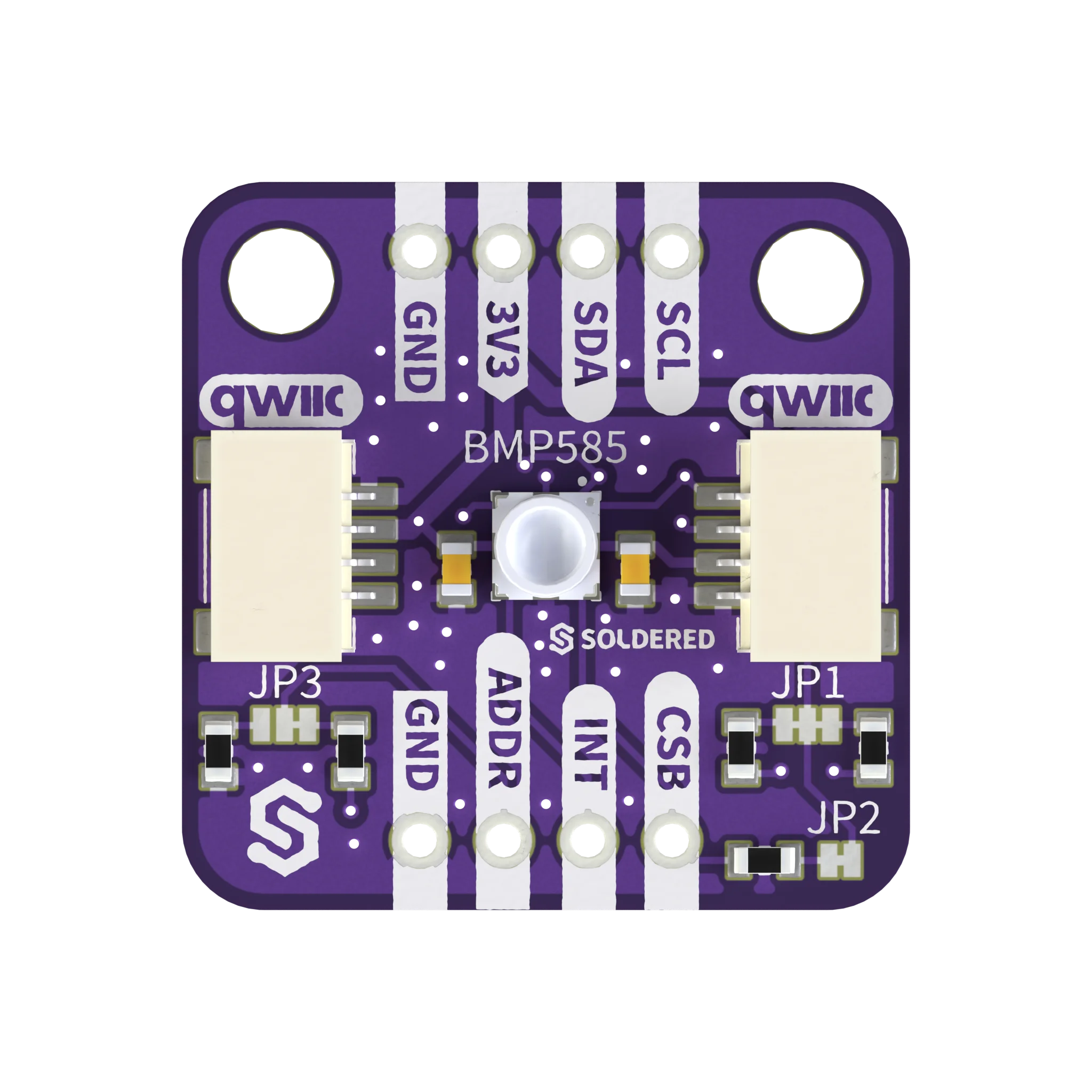 The breakout seen from above: GND, 3V3, SDA and SCL pins along the top edge, GND, ADDR, INT and CSB along the bottom edge, a Qwiic connector on the left and right, and solder jumpers JP3, JP1 and JP2 near the bottom corners
