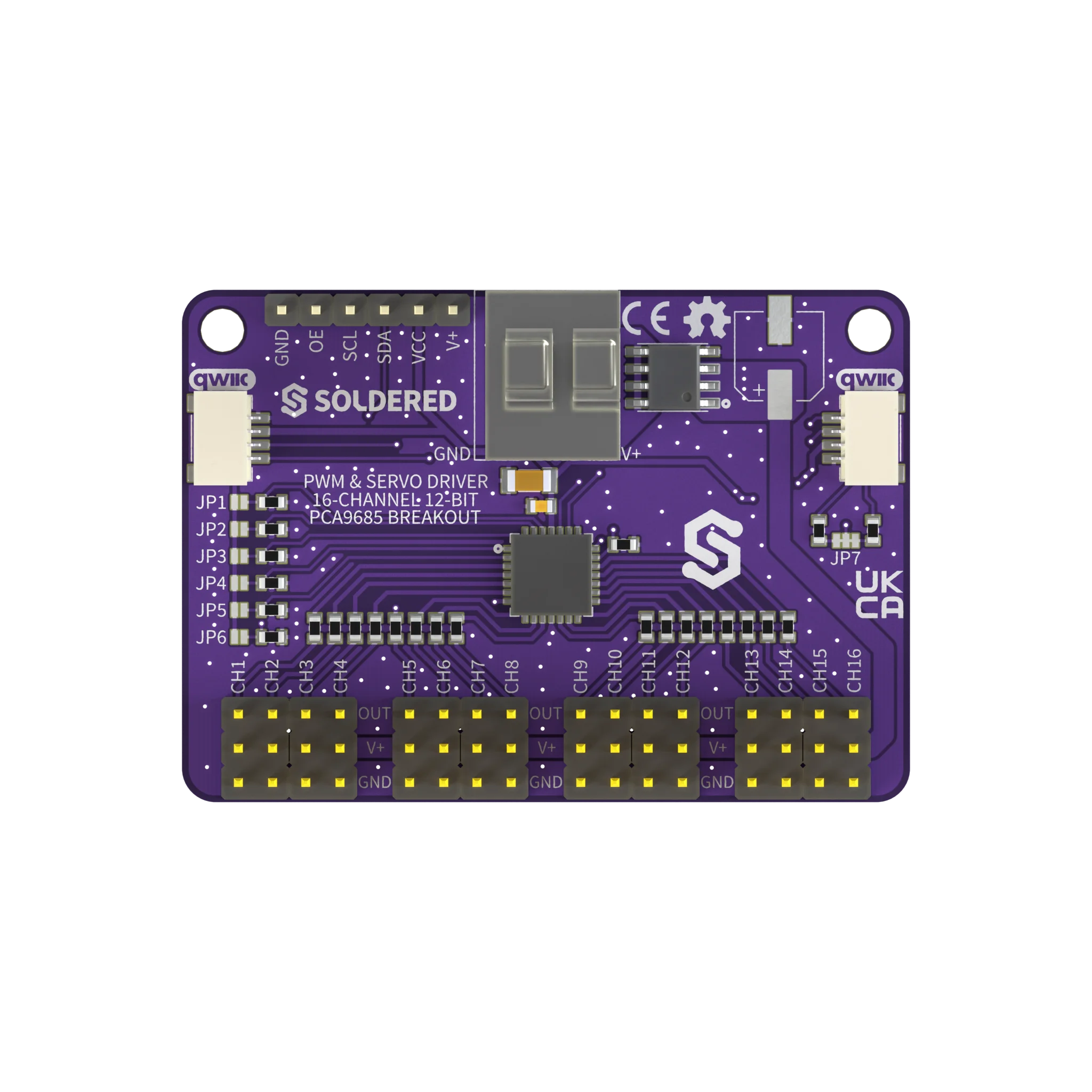Top-down view of the same board with every silkscreen label visible: GND, OE, SCL, SDA, VCC and V+ on the 6-pin header, two Qwiic connectors, solder jumpers JP1 to JP7, the two-terminal servo power screw terminal, and channel headers CH1 to CH16 each broken out as OUT, V+ and GND
