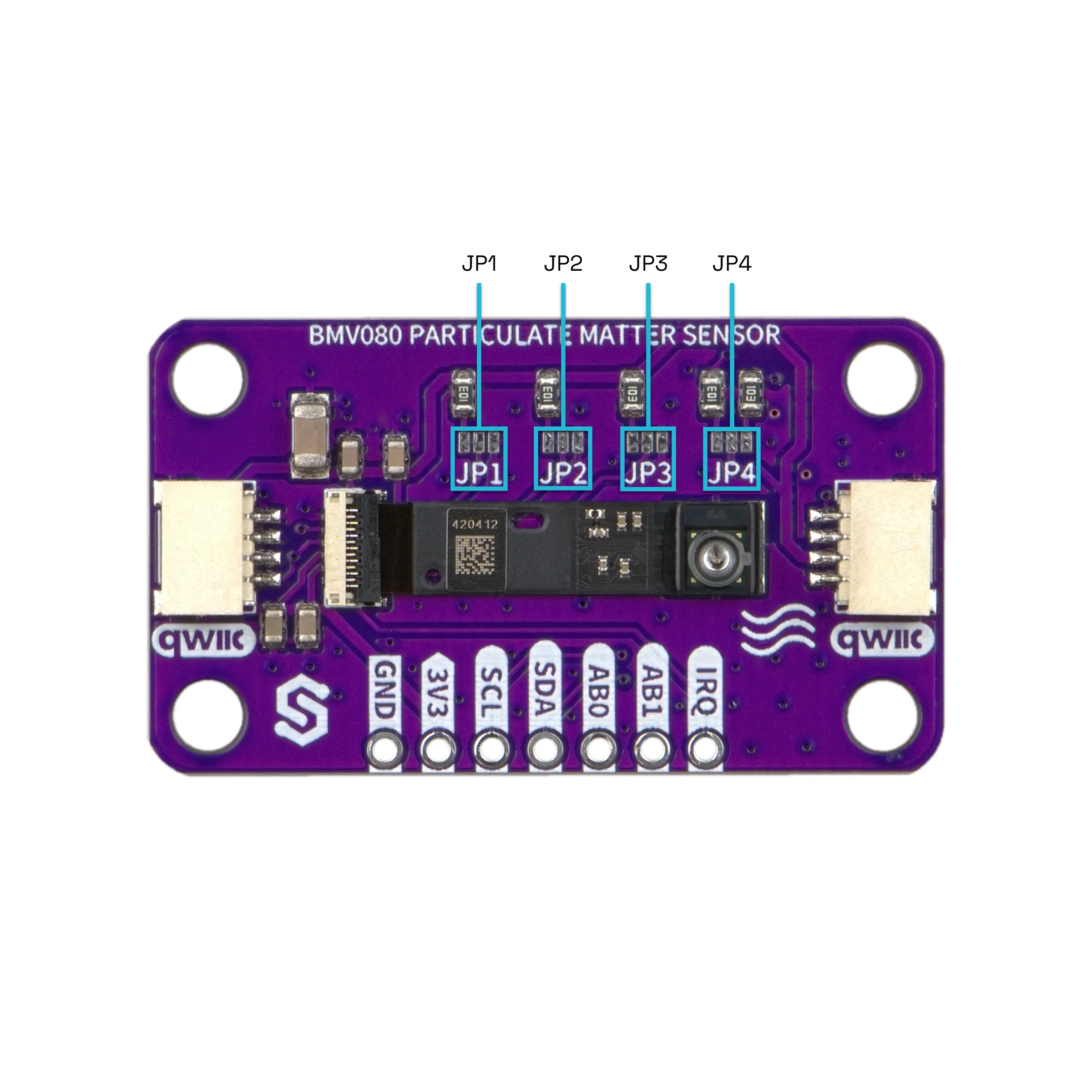 Top-down view of the board with callout lines from the labels JP1, JP2, JP3 and JP4 to the four solder jumpers along its top edge
