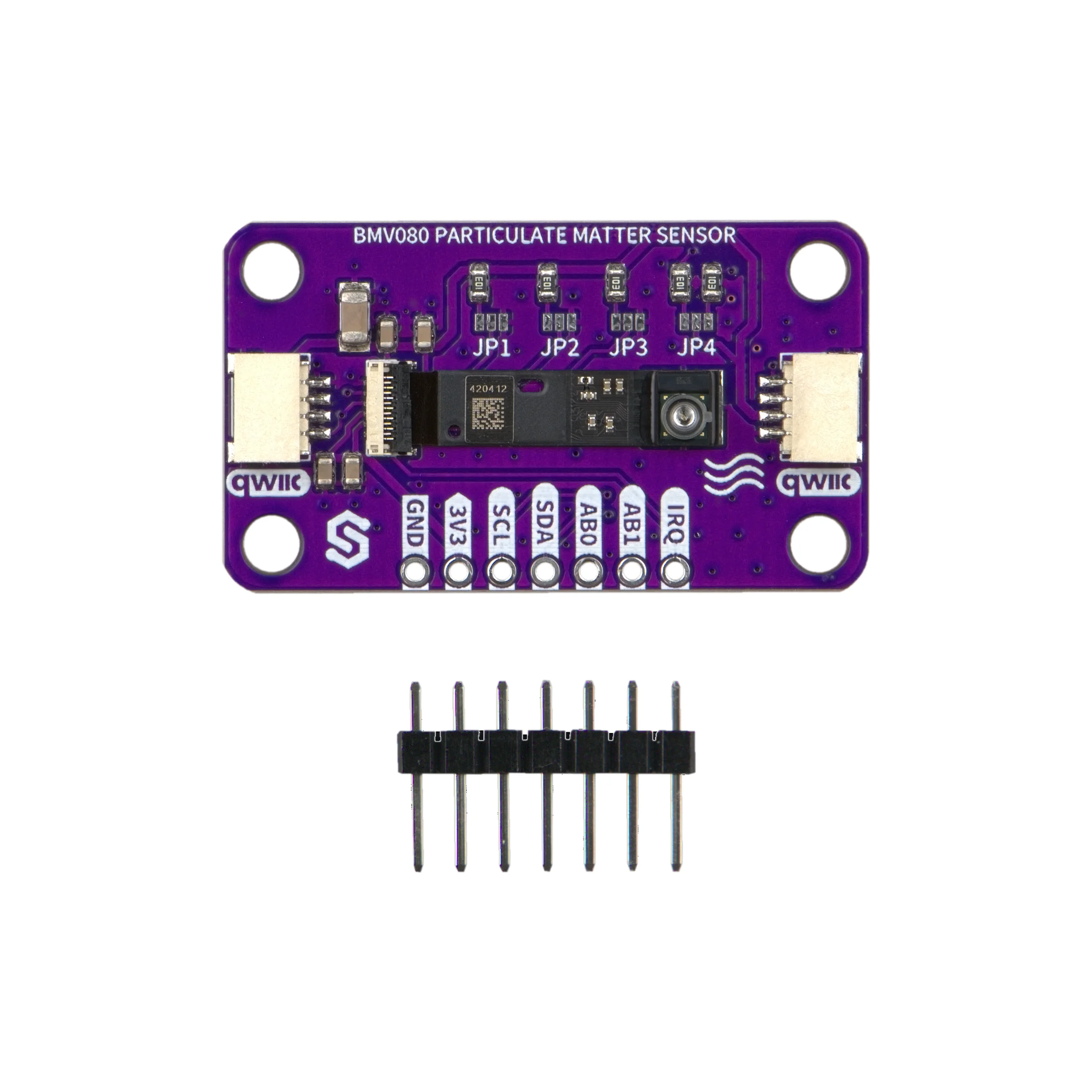 Top-down view of the board with a loose 7-pin header strip below it