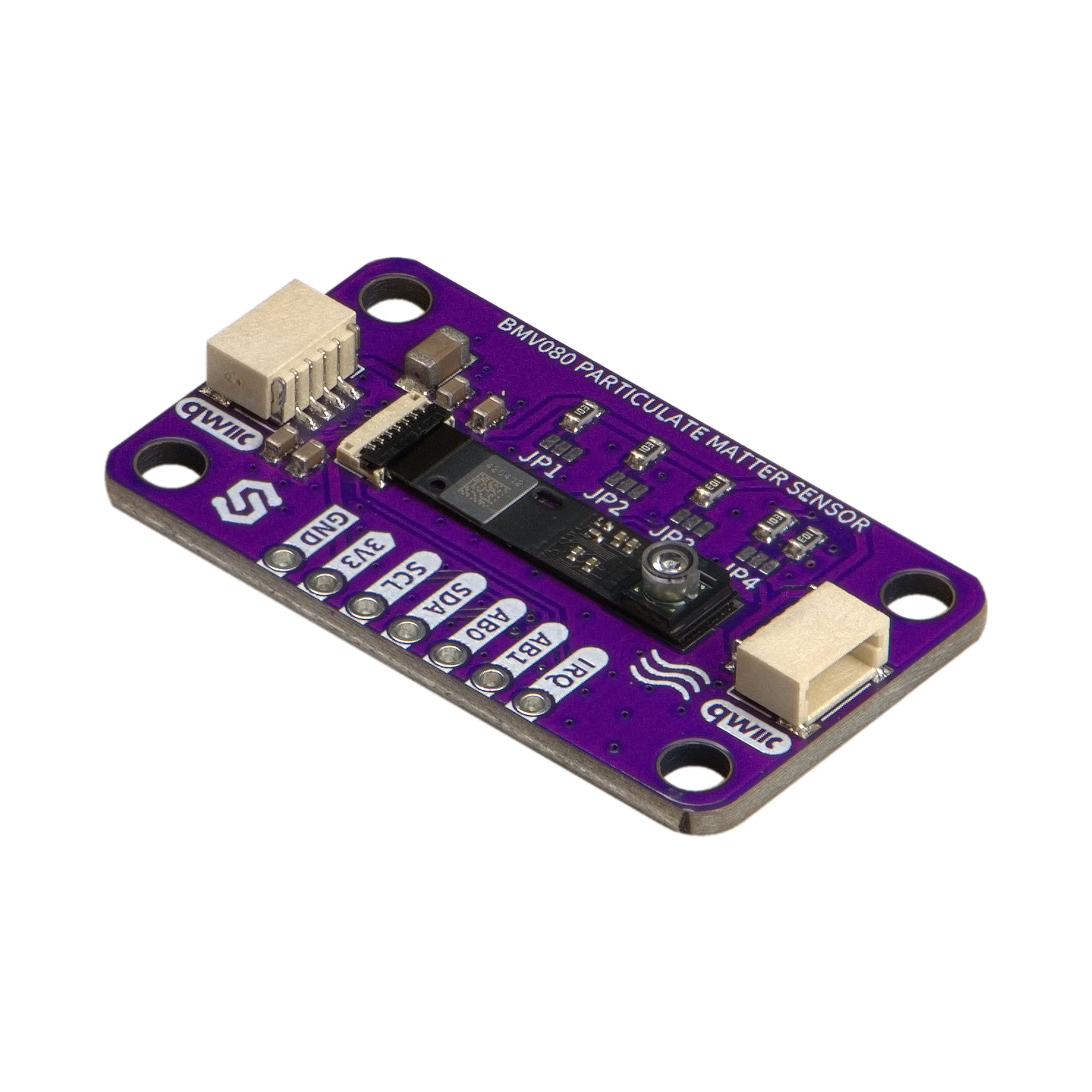 Purple breakout board seen at an angle, with the black BMV080 sensor in the middle and a Qwiic connector at each end