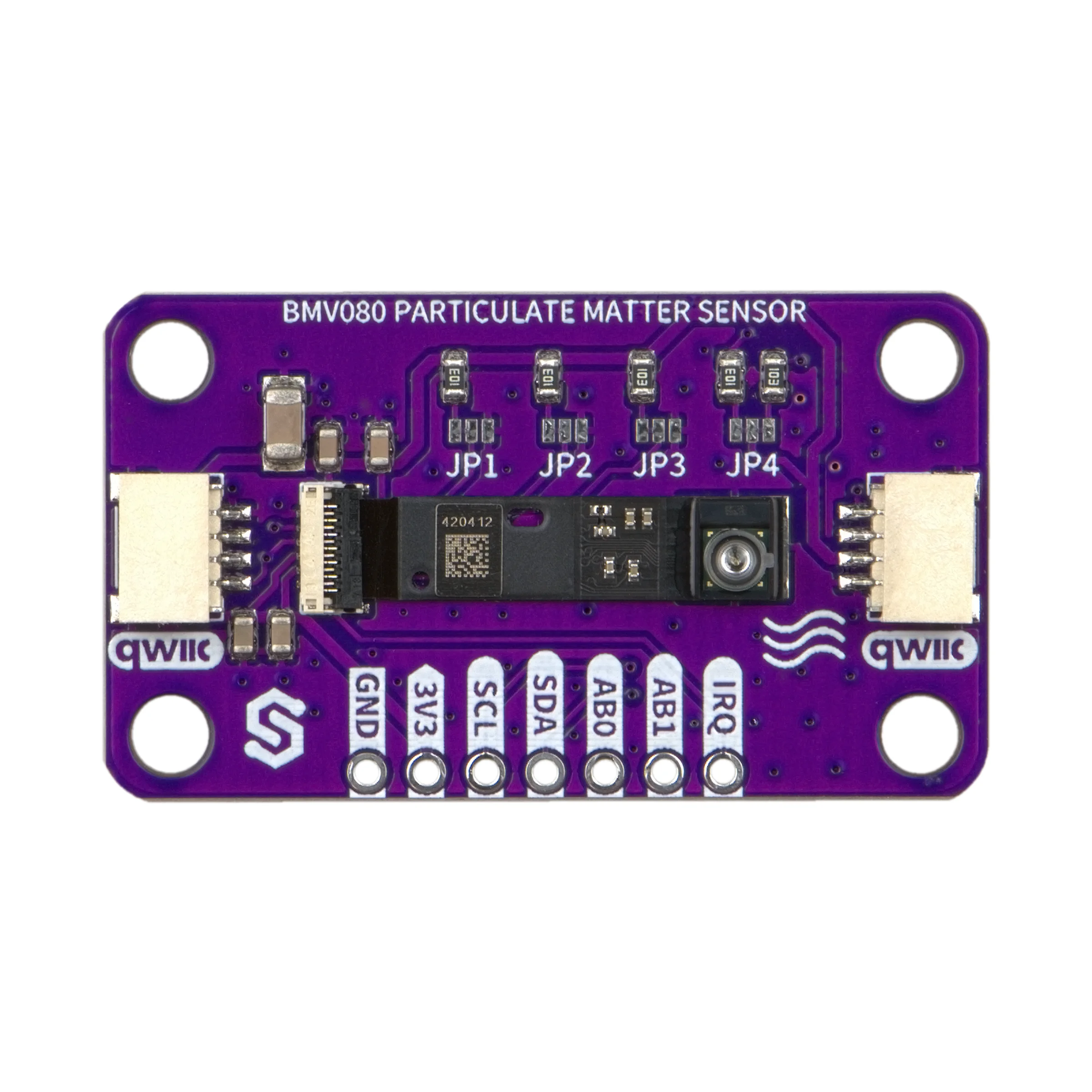 Top-down view of the purple board: the black sensor in the middle, a Qwiic connector on each short edge, the header row along the bottom edge, solder jumpers along the top edge and a mounting hole in each corner