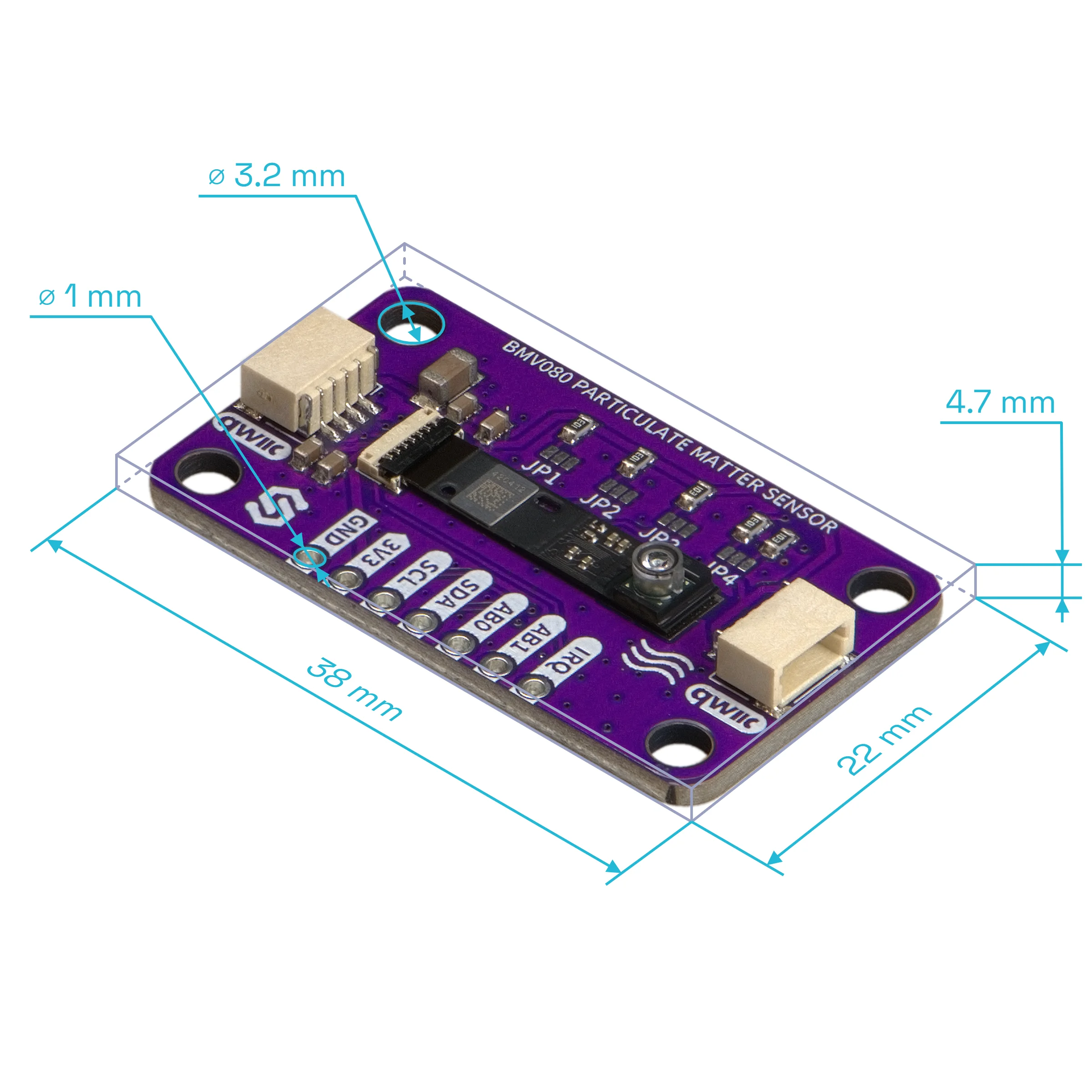 The board seen at an angle, with blue dimension lines and measurements along its sides