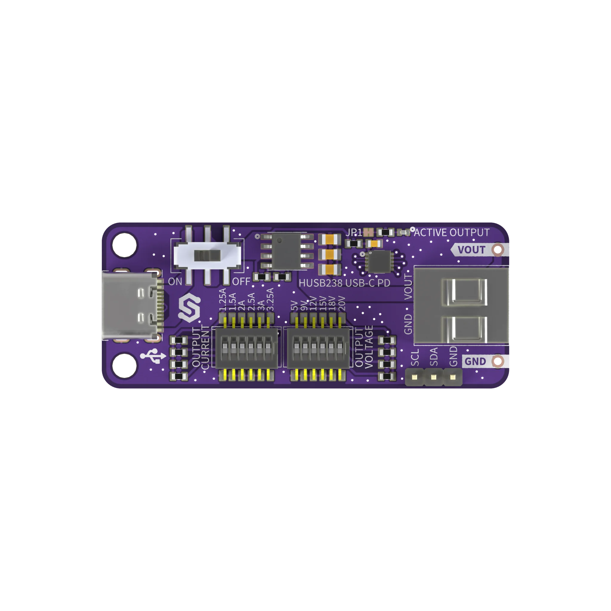 Soldered HUSB238 USB-C Power Delivery Breakout seen from above: the USB-C connector and ON/OFF slide switch on the left, the OUTPUT CURRENT and OUTPUT VOLTAGE DIP switches in the middle, the VOUT and GND screw terminal and the SCL, SDA, GND header on the right