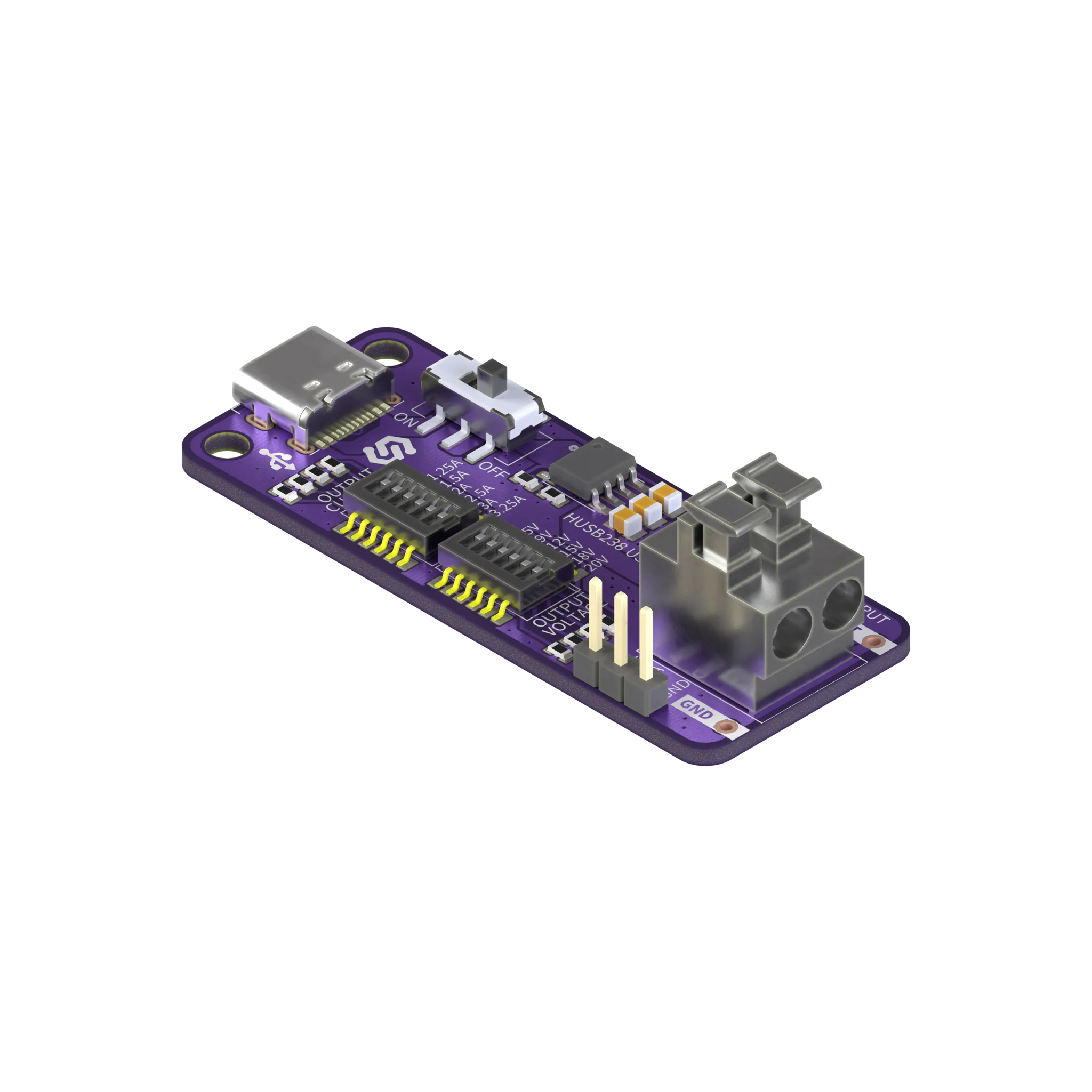 Soldered HUSB238 USB-C Power Delivery Breakout seen at an angle, with the USB-C connector, the slide switch, two DIP switch banks, the 3-pin I2C header and the screw terminal