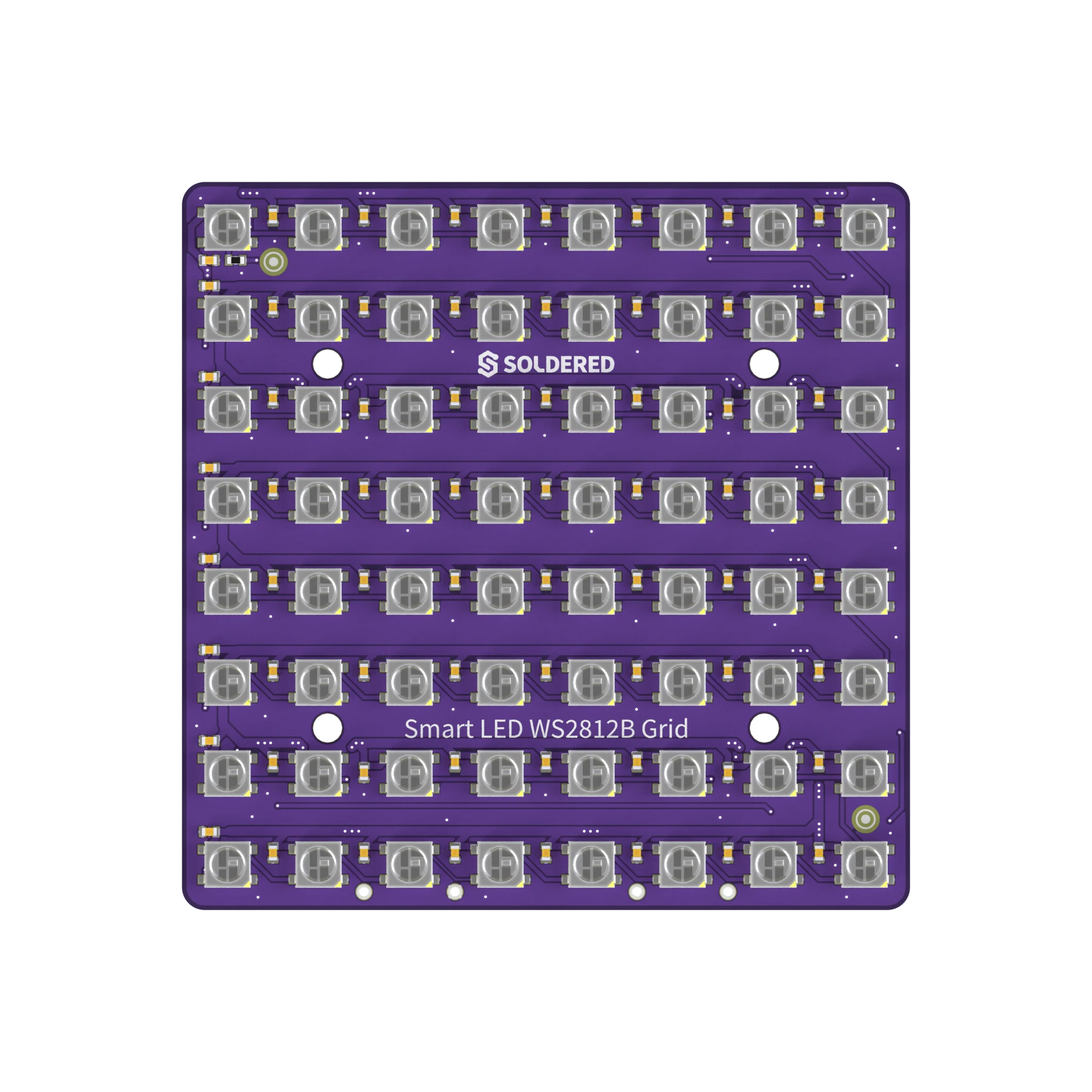 Top-down view of the square board with its LEDs in eight rows of eight