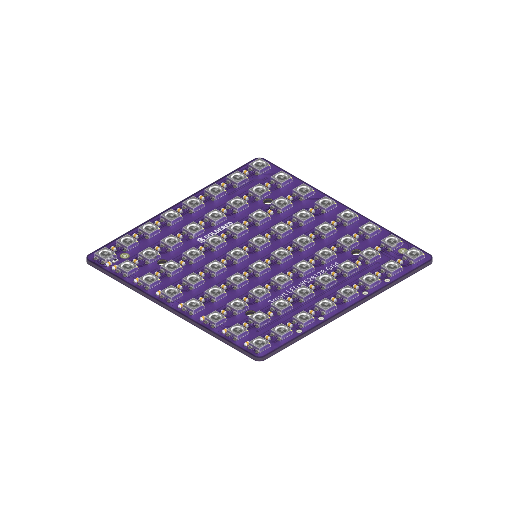 The square Soldered Smart LED WS2812B Grid 8x8 board seen at an angle, with its 8 by 8 grid of LEDs
