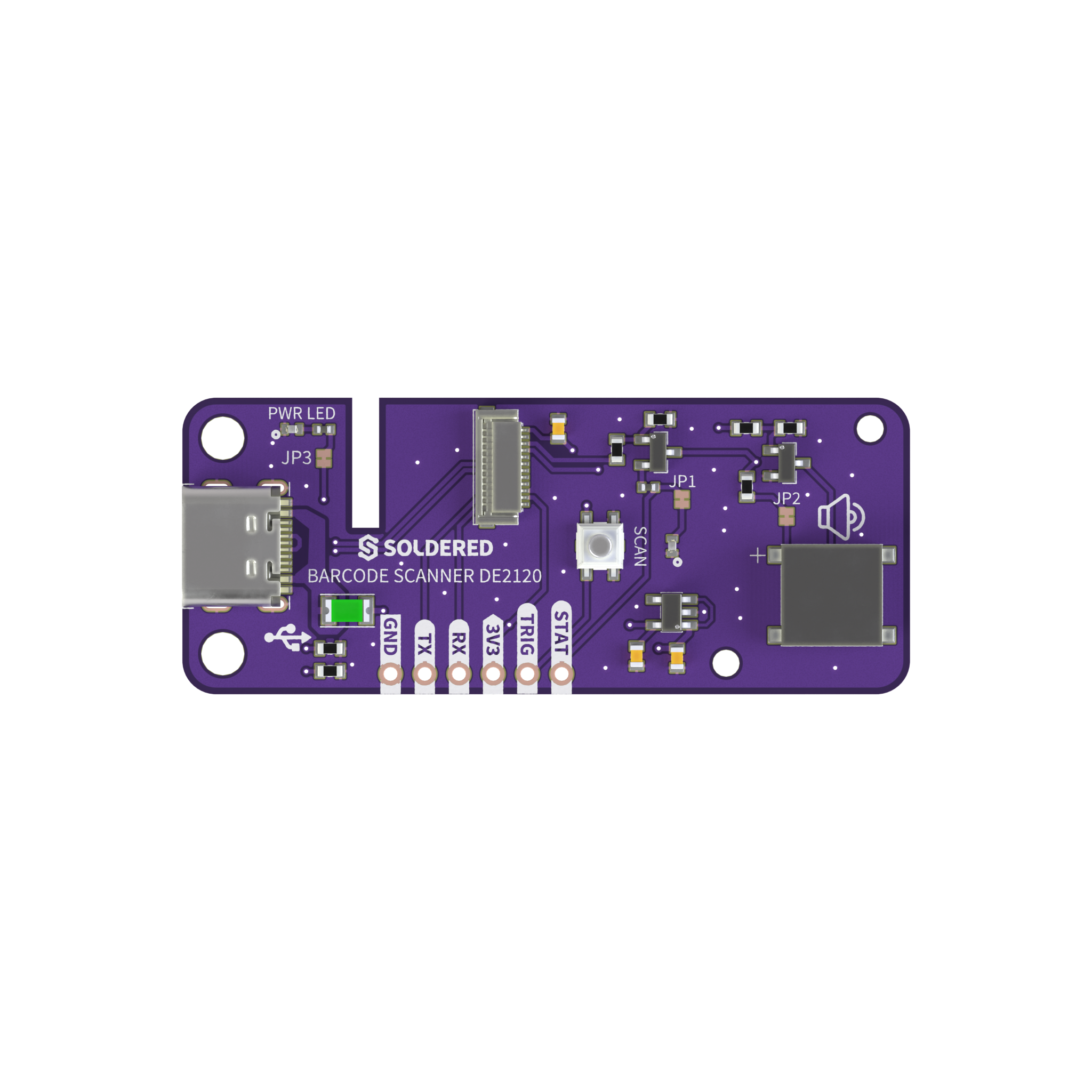 Soldered Barcode Scanner DE2120 breakout seen from above