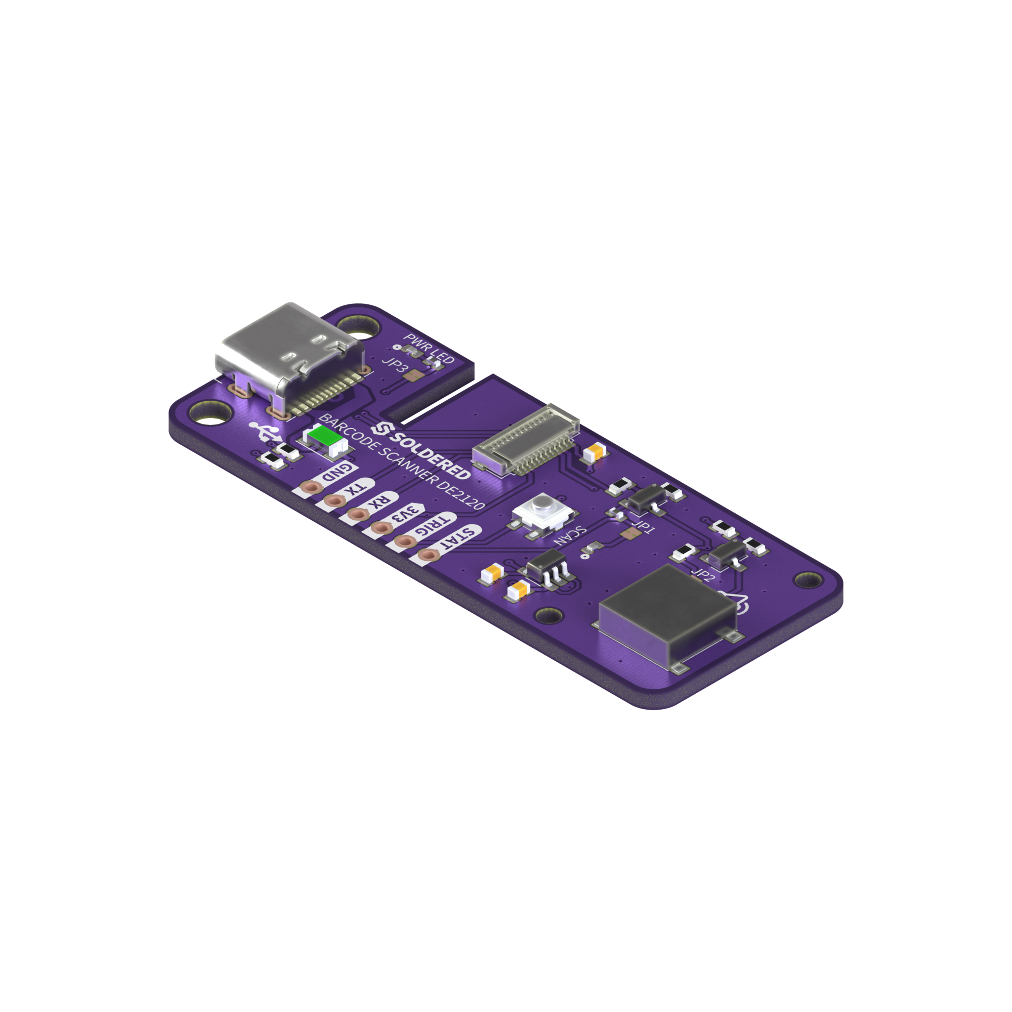 Soldered Barcode Scanner DE2120 breakout, isometric view