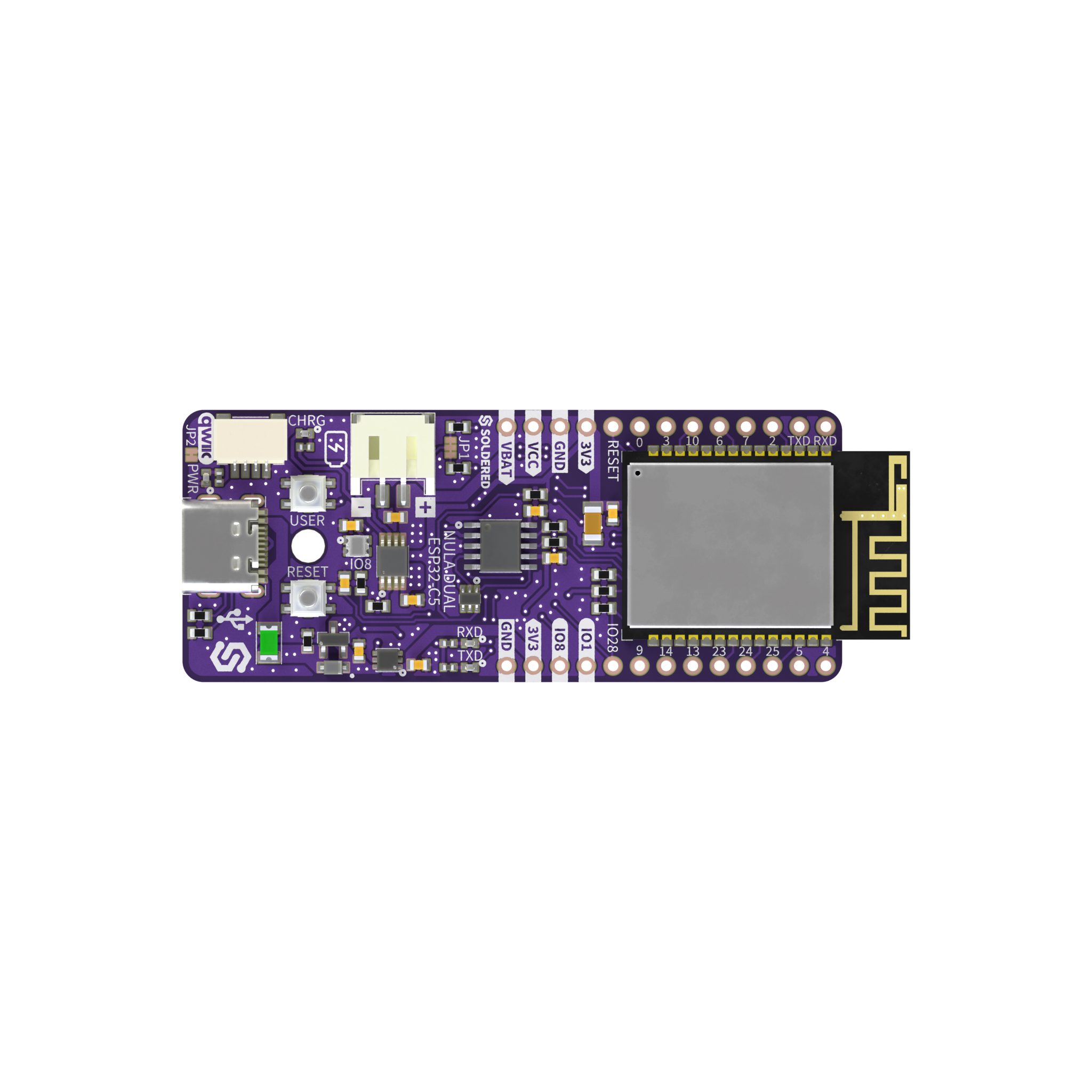 Soldered NULA Dual ESP32-C5 development board seen from above