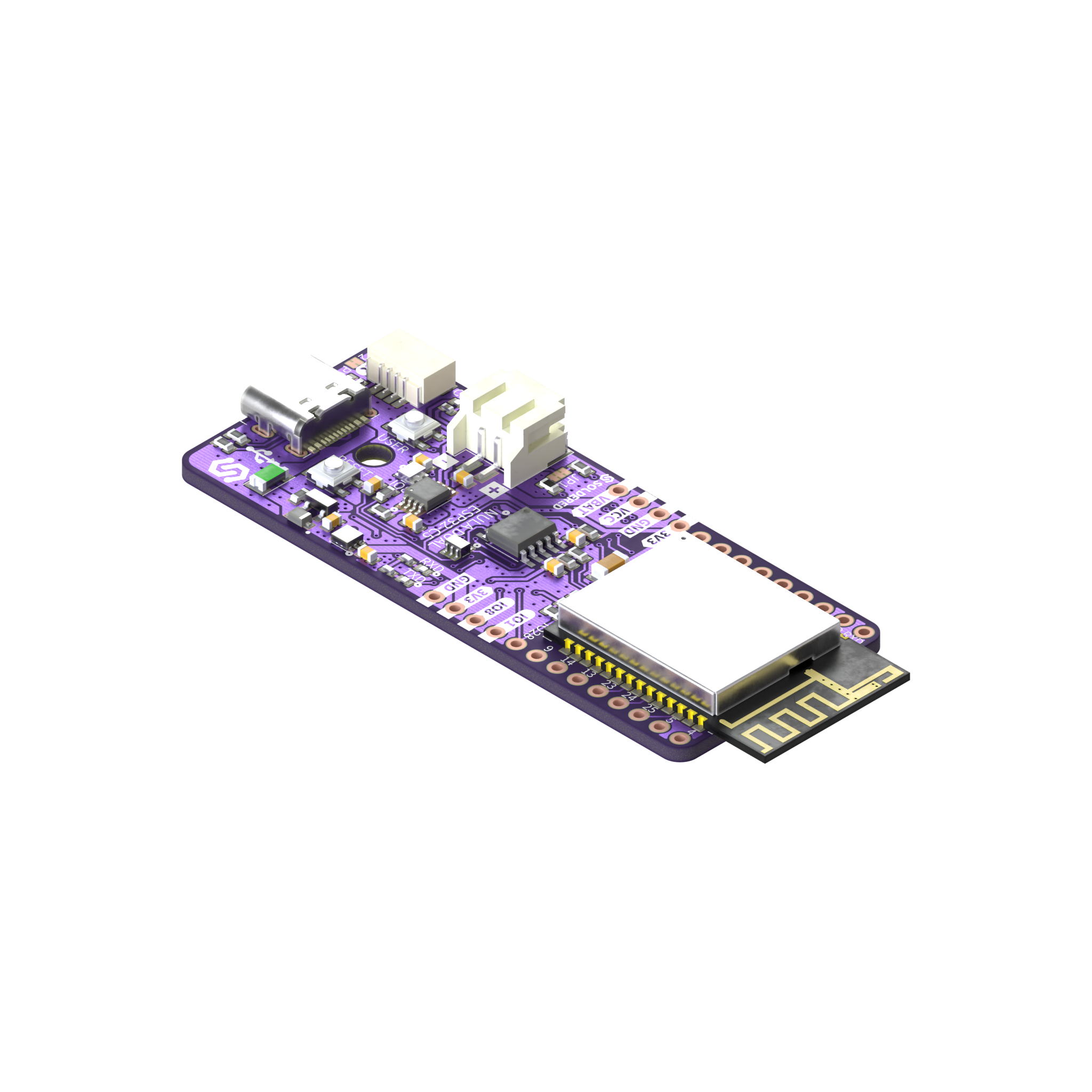 Soldered NULA Dual ESP32-C5 development board seen at an angle