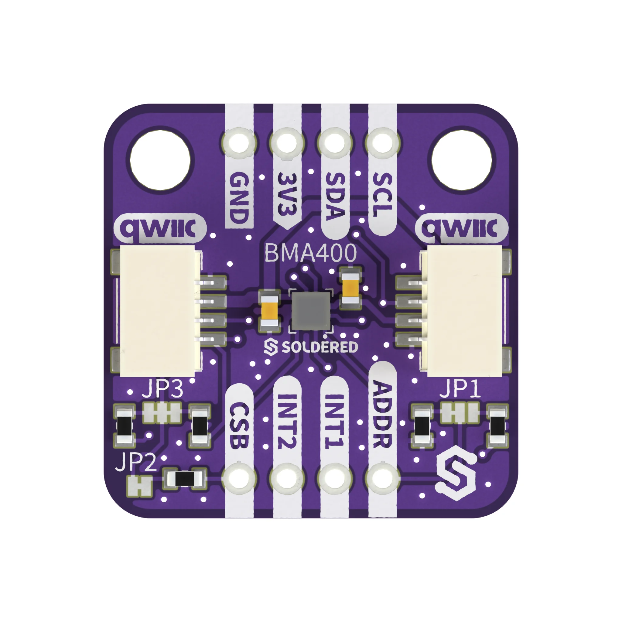 Top view of the breakout: GND, 3V3, SDA and SCL pins along the top edge, CSB, INT2, INT1 and ADDR along the bottom edge, a Qwiic connector on each side, jumpers JP3 and JP2 at the bottom left and JP1 at the bottom right